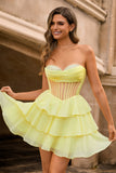 Strapless Yellow A Line Tiered Corset Beaded Homecoming Dress