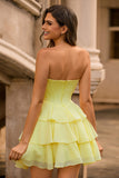 Strapless Yellow A Line Tiered Corset Beaded Homecoming Dress