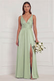 Dusty Blue A Line V Neck Bridesmaid Dress with Slit