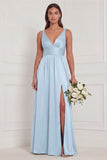 Dusty Blue A Line V Neck Bridesmaid Dress with Slit