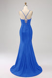 Stunning Fuchsia Mermaid Spaghetti Straps Corset Prom Dress with Split Front
