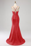 Stunning Fuchsia Mermaid Spaghetti Straps Corset Prom Dress with Split Front