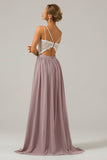 A-Line Spaghetti Straps Pleated Long Bridesmaid Dress With Lace