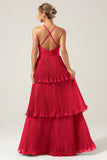 Dusty Rose A-Line Halter Tiered Floor Length Chiffon Long Bridesmaid Dress