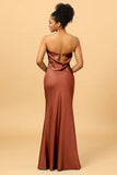 Mermaid Strapless Floor Length Satin Bridesmaid Dress with Open Back