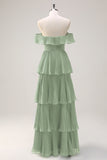 Eucalyptus A-Line Off The Shoulder Tiered Pleated Floor Length Bridesmaid Dress