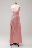 Blue Sheath One Shoulder Satin Keyhole Long Bridesmaid Dress