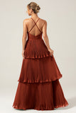 Dusty Rose A-Line Halter Tiered Floor Length Chiffon Long Bridesmaid Dress