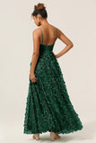 Dark Green A-Line Spaghetti Straps Satin Long Bridesmaid Dress