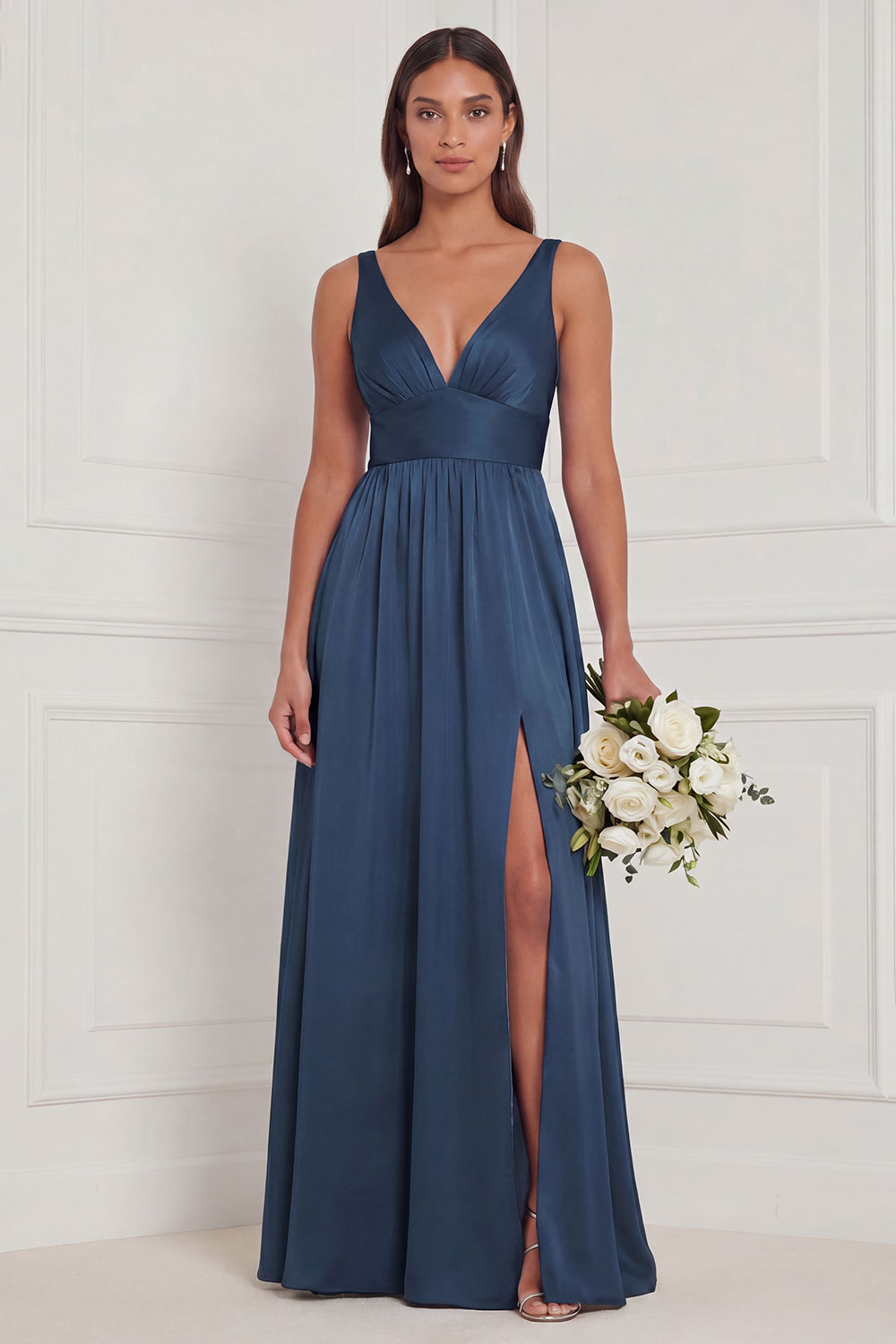 Dusty Blue A Line V Neck Bridesmaid Dress with Slit