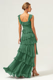 Dark Navy A Line Square Neck Tiered Long Chiffon Bridesmaid Dress with Ruffles