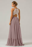 A-Line Halter Pleated Keyhole Chiffon Bridesmaid Dress With Lace