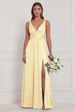 Dusty Blue A Line V Neck Bridesmaid Dress with Slit