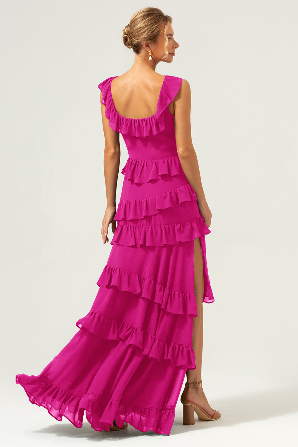 Wedtrend Women Dark Navy Bridesmaid Dress A-Line Square Neck Tiered Long Wedding Guest Dress, Fuchsia / US14