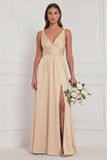 Dusty Blue A Line V Neck Bridesmaid Dress with Slit