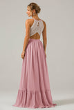 A-Line Halter Pleated Keyhole Chiffon Bridesmaid Dress With Lace