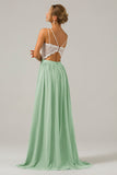 A-Line Spaghetti Straps Pleated Long Bridesmaid Dress With Lace