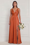 Dusty Blue A Line V Neck Bridesmaid Dress with Slit
