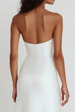 Simple White Sheath Strapless Satin Asymmetrical Graduation Dress with Ruffles