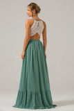 A-Line Halter Pleated Keyhole Chiffon Bridesmaid Dress With Lace