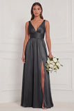 Dusty Blue A Line V Neck Bridesmaid Dress with Slit
