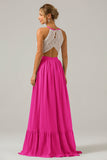 A-Line Halter Pleated Keyhole Chiffon Bridesmaid Dress With Lace