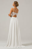 A-Line Spaghetti Straps Pleated Long Bridesmaid Dress With Lace