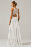 A-Line Halter Pleated Keyhole Chiffon Bridesmaid Dress With Lace