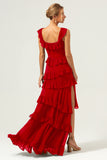 Dark Navy A-Line Square Neck Tiered Long Bridesmaid Dress