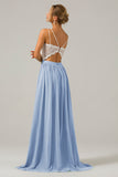 A-Line Spaghetti Straps Pleated Long Bridesmaid Dress With Lace