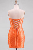 Strapless Orange Corset Beaded Pearl Bodycon Homecoming Dress