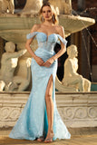 Blue Off The Shoulder Lace Mermaid Corset Sequins Prom Dress with Slit