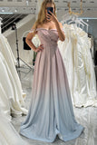 Metallic A-Line Off the Shoulder Sparkly Gradient Elegant Pleated Prom Dress