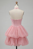 Pink Halter Tiered Ruffled Bubble A Line Short Homecoming Dress