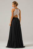 A-Line Halter Pleated Keyhole Chiffon Bridesmaid Dress With Lace