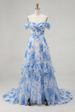 Off the Shoulder Blue Floral A Line Ruffled Prom Dress