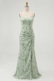 Dusty Sage Mermaid Ruched Maxi Prom Dress with Slit