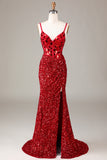 Black Sheath Spaghetti Straps Sparkly Sequins Prom Dress with Split Front