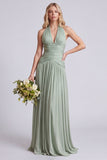 Halter A Line Sage Pleated Bridesmaid Dress
