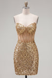Sparkly Golden Bodycon Sequin Corset Strapless Homecoming Dress