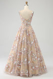 Champagne Princess A-Line Square Neck Corset Long Prom Dress with Embroidery