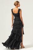 Dark Navy A Line Square Neck Tiered Long Chiffon Bridesmaid Dress with Ruffles