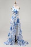 Blue Floral One Shoulder A Line Maxi Prom Dress with Slit
