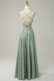 Dusty Sage A Line Spaghetti Straps Backless Satin Bridesmaid Dress