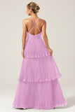 Dusty Rose A-Line Halter Tiered Floor Length Chiffon Long Bridesmaid Dress