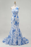 One Shoulder Blue Floral Mermaid Maxi Prom Dress