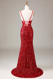 Sheath Spaghetti Straps Sparkly Sequins Red Prom Dress with Split Front