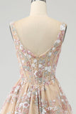 Champagne Princess A-Line Square Neck Corset Long Prom Dress with Embroidery