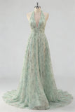 Halter Dusty Sage A Line Backless Maxi Prom Dress