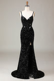 Black Sheath Spaghetti Straps Sparkly Sequins Prom Dress with Split Front